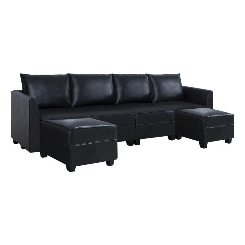 Canapé modulaire convertible en U avec 2 repose-pieds Rudys, Similicuir noir