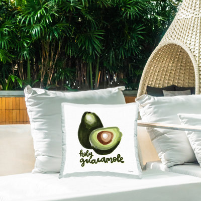 Coussin d'extérieur rigolo avec impression amusante «Saint Guacamole» par Molly Mattin
