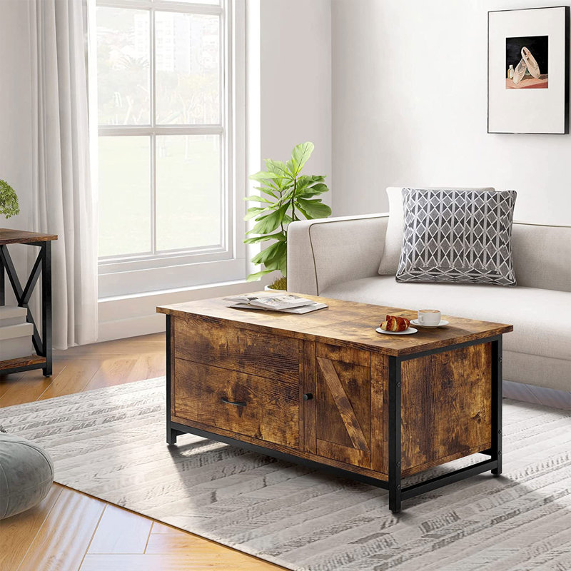 Rustic Brown Lift-Top Coffee Table with Storage Drawer and Cabinet