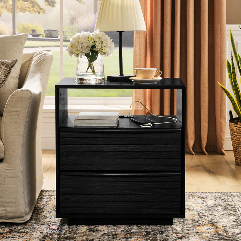 Table de chevet noire avec éléments modernes de style Mid-Century, station de charge, 2 tiroirs et tablette ouverte - beaucoup de rangement pour le dortoir