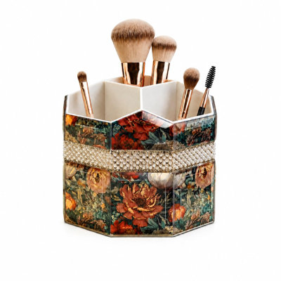 Rotating Makeup Brush Holder with Pearl Band, 5 Compartments, Glass Vanity Organizer, Makeup organization and Skincare Storage for Vanity, Bathroom, (Lucky Blossom)