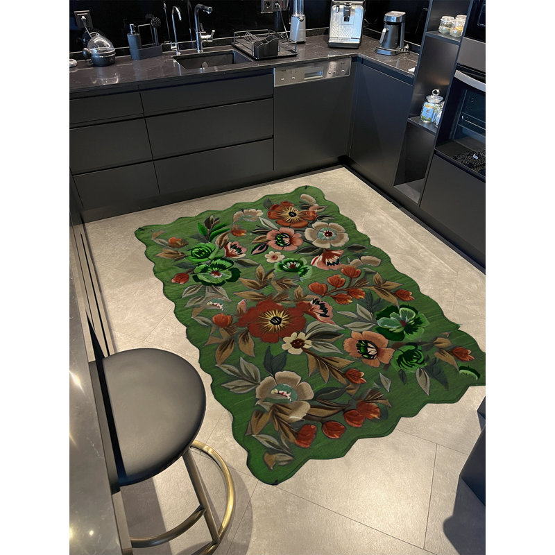 Tapis décoratif moderne à motif floral à fleurs vertes Shape Collection, Tapis de couloir 3 pi 3,37 po x 6 pi 6,74 po