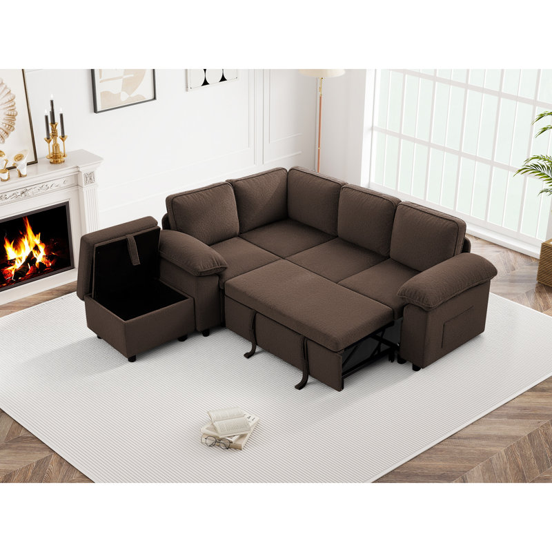 Waldorf 84.6" 5-Seat L-Shaped Sectional Sleeper Sofa With Pull-Out Bed Storage And Ottoman, Coffee
