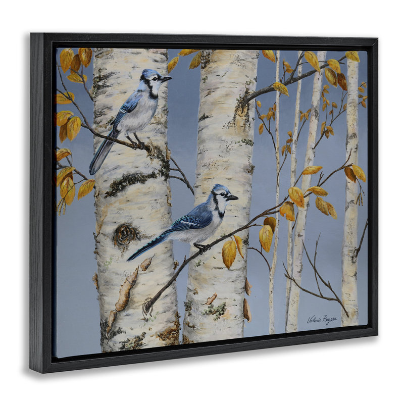  «Blue Jay Autumn Day» par Valerie Rogers, H 25 po x l 31 po, Cadre flottant noir de jais