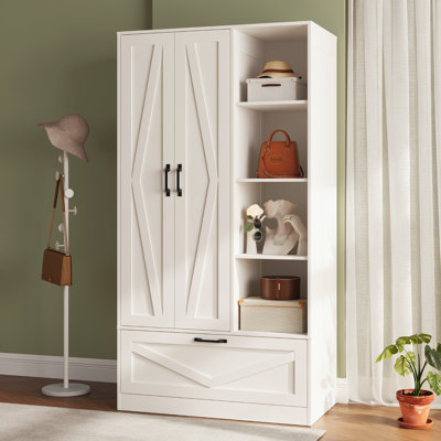Wooden Wardrobe With 4 Open Storage Shelves, 70.87" Utility Storage Cabinet Armoire