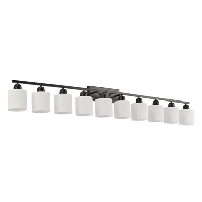 Ten-Light Bathroom Mirror Vanity Light, 65.4-inch Black Fixture with White Glass Shades, Matte Black Modern Vanity Light, Black Bathroom Wall Sconce for Bedroom Mirror Area