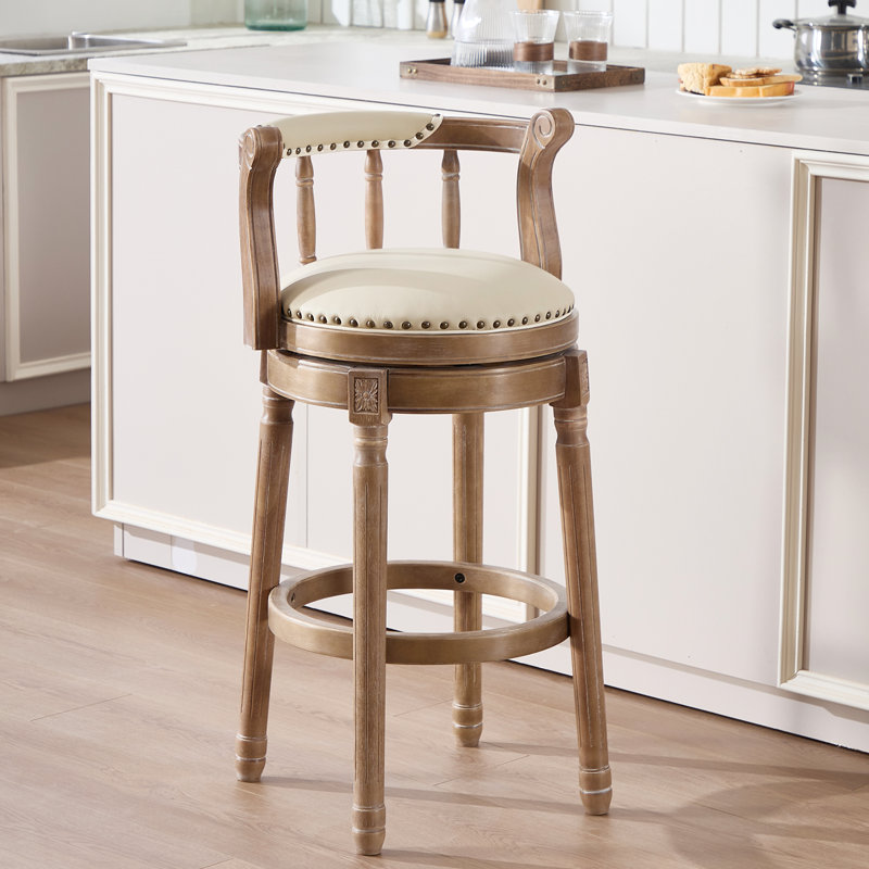 Height Swivel Stool with Back, Top-Grain Leather Upholstery, Solid Wood Legs, Beige, Bar Stool (29.5" Seat Height), Ivory