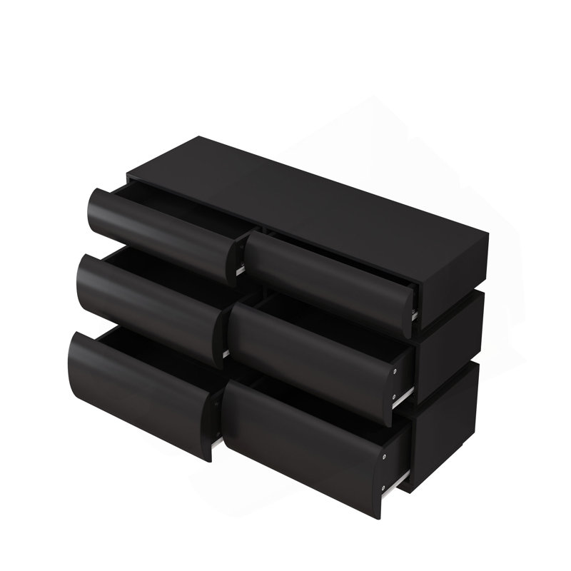 Commode 6 tiroirs pour chambre à coucher, commode noire sans poignée, commode moderne 6 tiroirs avec rangement large