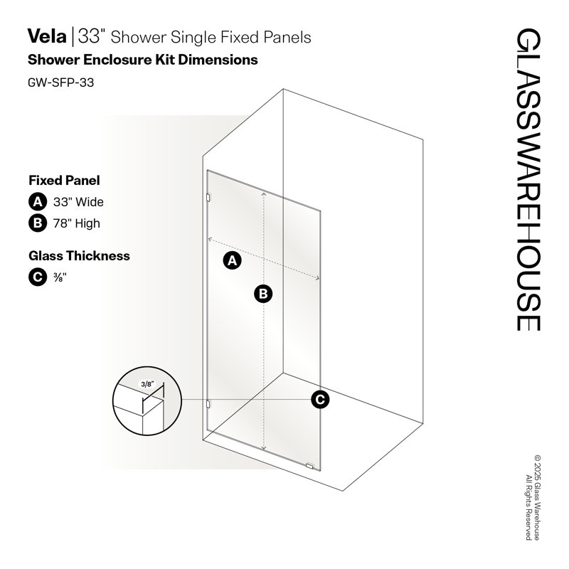 Vela 34 in. x 78 in. Fully Frameless Single Fixed Shower Panel, Matte Black