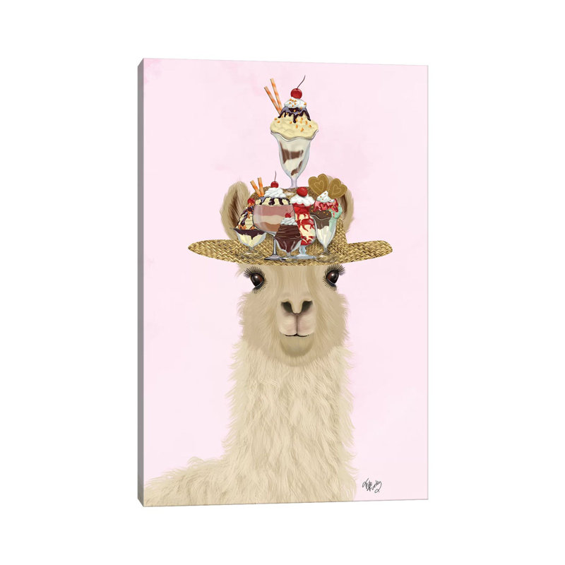 «Llama Ice Cream Hat» par Fab Funky - impression d'art graphique, Aucun mat, Toile tendue, H 18 po x l 12 po x 1,5 po