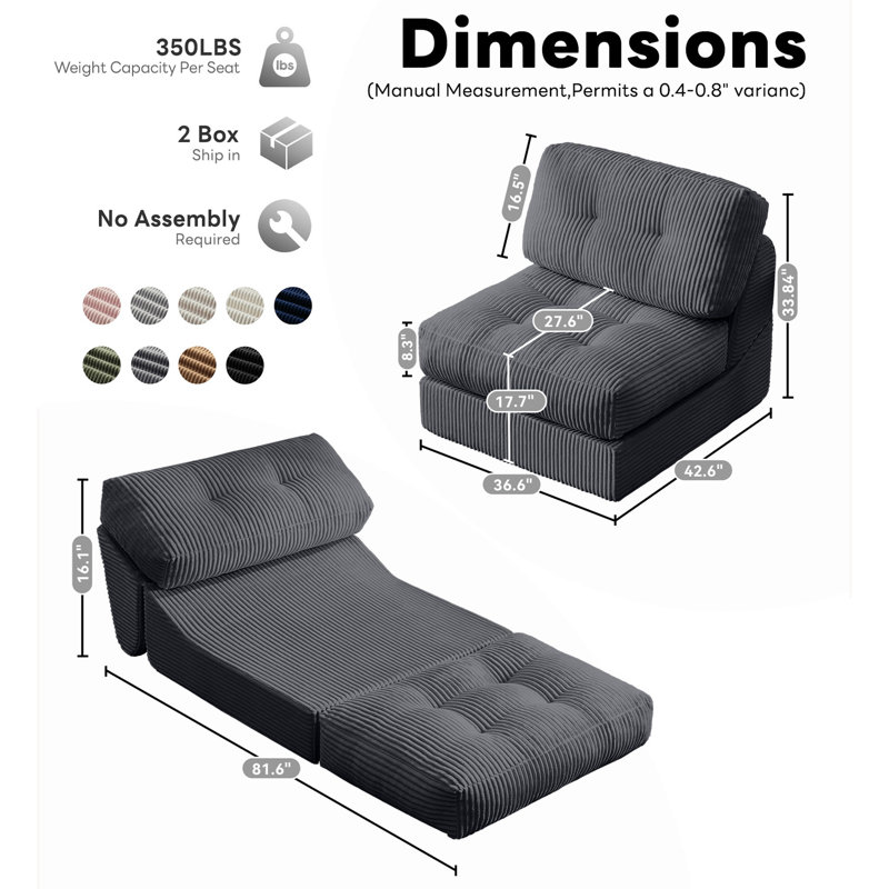 8.3" Compression Futon Mattress, Folding Sofa Bed，Modern Corduroy Upholstered Sofa - Comfortable Accent Chair,Set Of 2