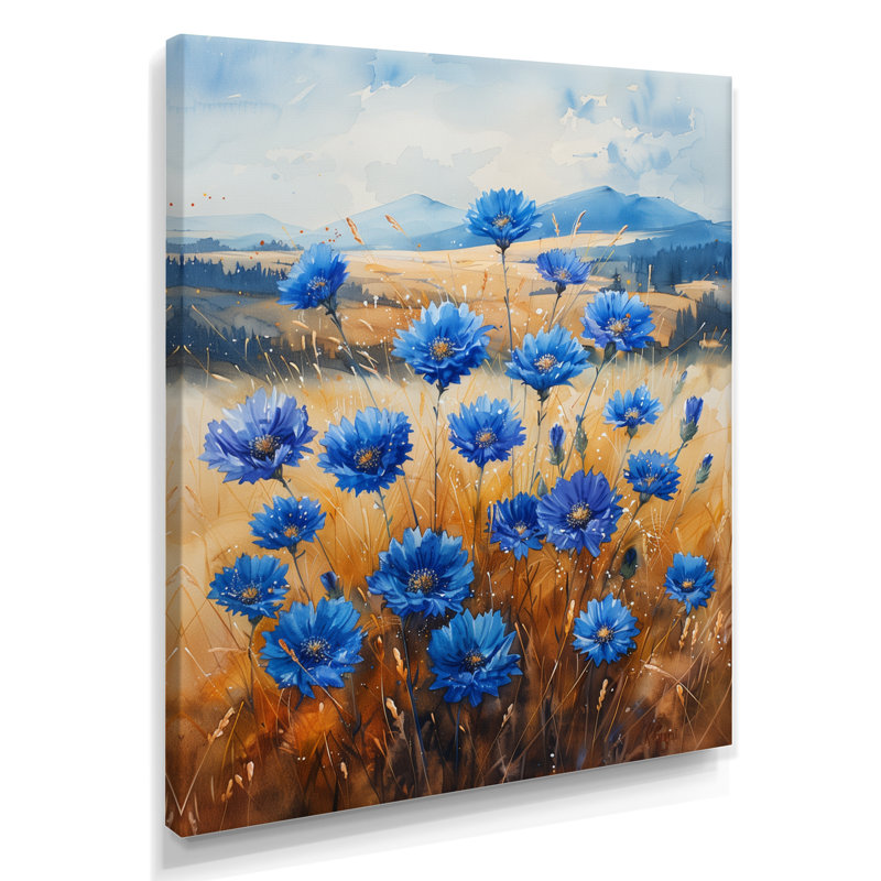  «Blue Beige Cornflowers Summer Breeze Meadow I - Décoration murale bleuets, H 32 po x l 16 po x P 1 po, Toile tendue