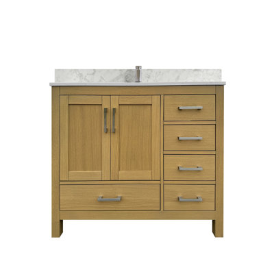 Meuble-lavabo 42 po avec lavabo et trou pour robinet, meuble-lavabo avec 2 portes et 5 tiroirs en chêne