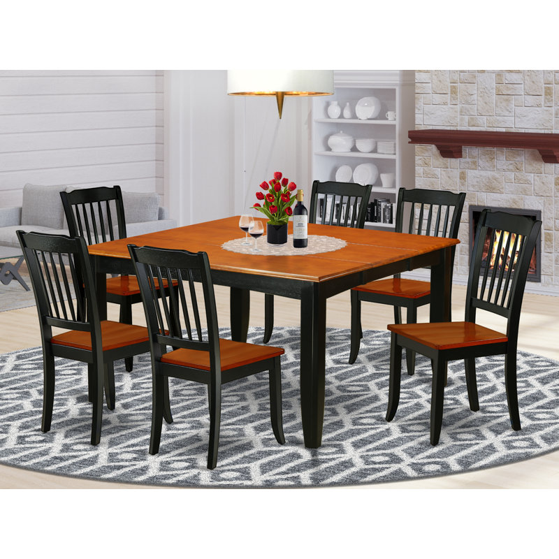 7 Piece Dining Table Set Consist of a Square Dinner Table with Butterfly Leaf and 6 Dining Room Chairs, Black & Cherry