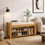 Banc de rangement pour hall d'entrée avec sièges rembourrés confortables et structure en bambou naturel, parfait pour les espaces étroits