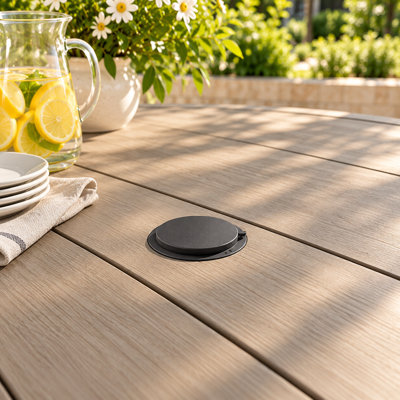 Table d'extérieur en métal, table ronde pour 6 personnes avec trou pour parasol, table de patio au design minimaliste moderne