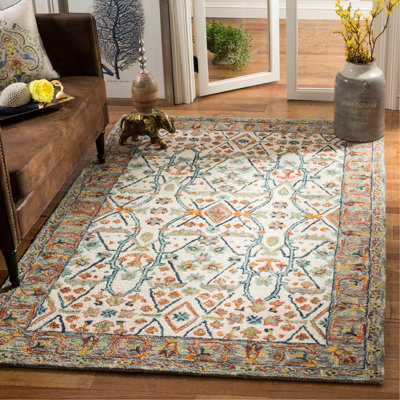 Tapis bleu / ivoire en laine / coton touffeté à la main Vahakn