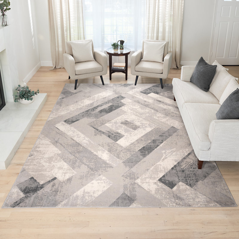  Ethan Soller Modern Geometric Indoor Area Rug, Ivory Gray Beige Polypropylene – Living Room, Bedroom & Dining Room - 5x7