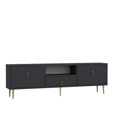 Meuble télé moderne avec option de fixation murale, anthracite et or, 55,1 po x 17,7 po x 11,8 po | 100% panneau de particules enduit de mélamine, épaisseur: 0,7 pouce | Plusieurs tablettes pour le rangement, design élégant et fonctionnel