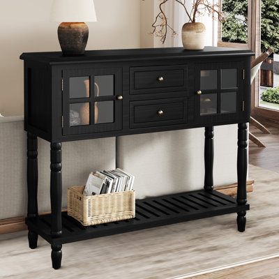 Console Table with 2 Drawers, Retro Entryway Table with 2 Door Cabinets and Open Storage Shelf