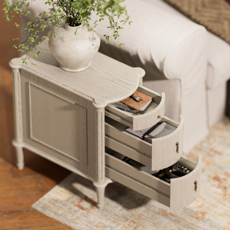 STO'sense Nightstand W/Charging Station & 3 Drawers, Pre-Assembled, Vintage Side Table W/Antique-Finished Pulls, Rustic Wood Finish, Narrow End Table W/Turned Legs For Bedroom (1, Antique Grey)