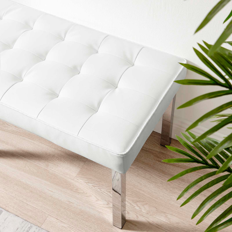 White Vegan Leather Tufted Bench with Stainless Steel Legs