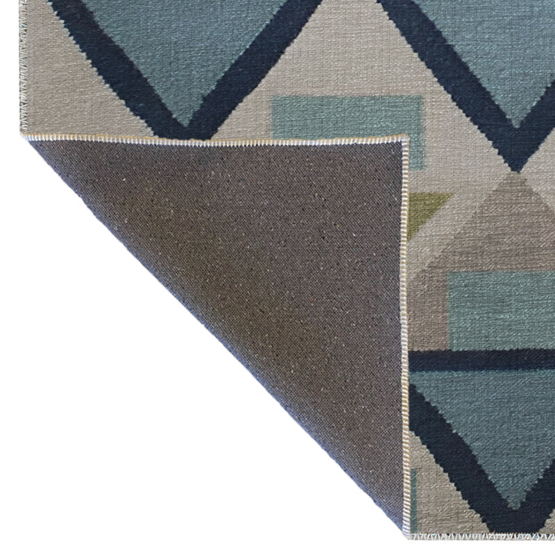 Tapis décoratif moderne à motif géométrique triangulaire bleu-beige, Tapis de couloir 3 pi 10 po x 6 pi 7 po