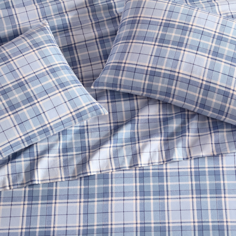 Ensemble de draps en flanelle de coton brossé, Ensemble de draps pour grand lit avec 2 taies d'or, Carreauté bleu Mulholland