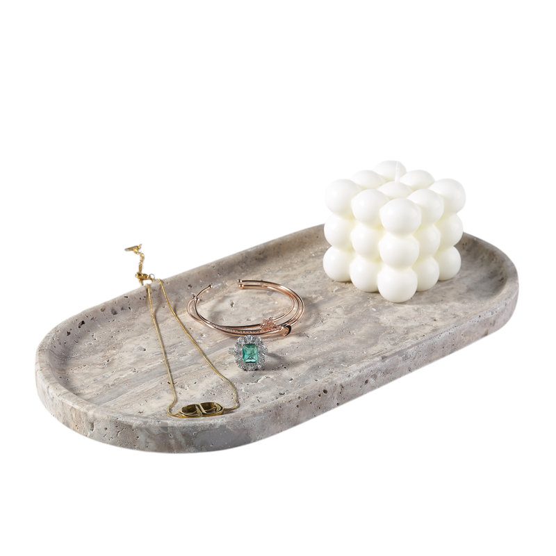 Plateau en marbre naturel ovale Guein, Travertin argent
