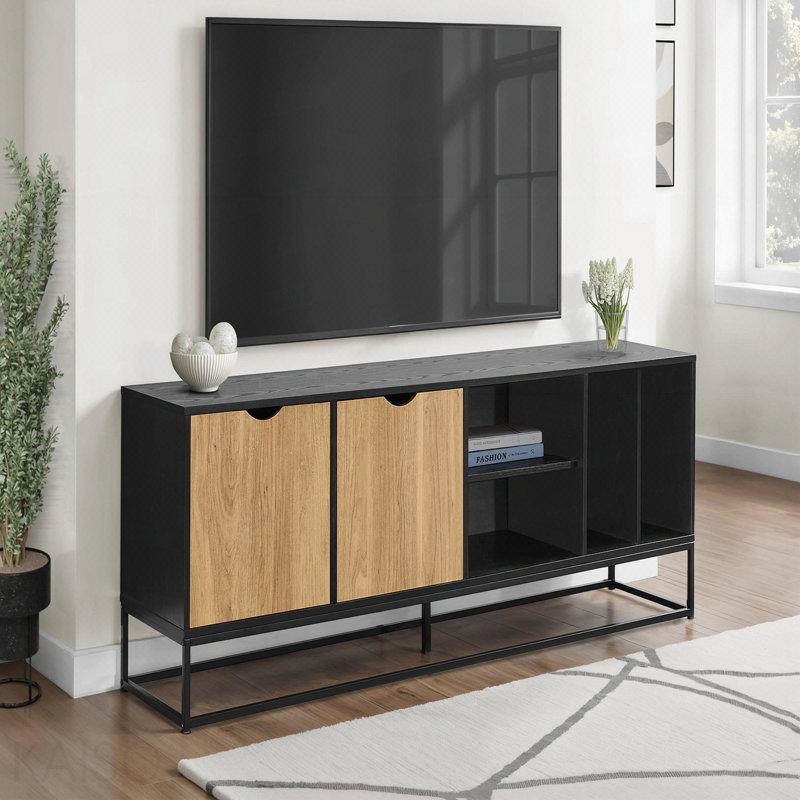 Console de meuble télé 72 pouces, centre de divertissement multimédia moderne en métal noir stratifié pour le salon