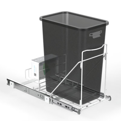 Universal Pull-Out Under Sink Trash Can Frame with Adjustable Fit and Removable Storage Shelf