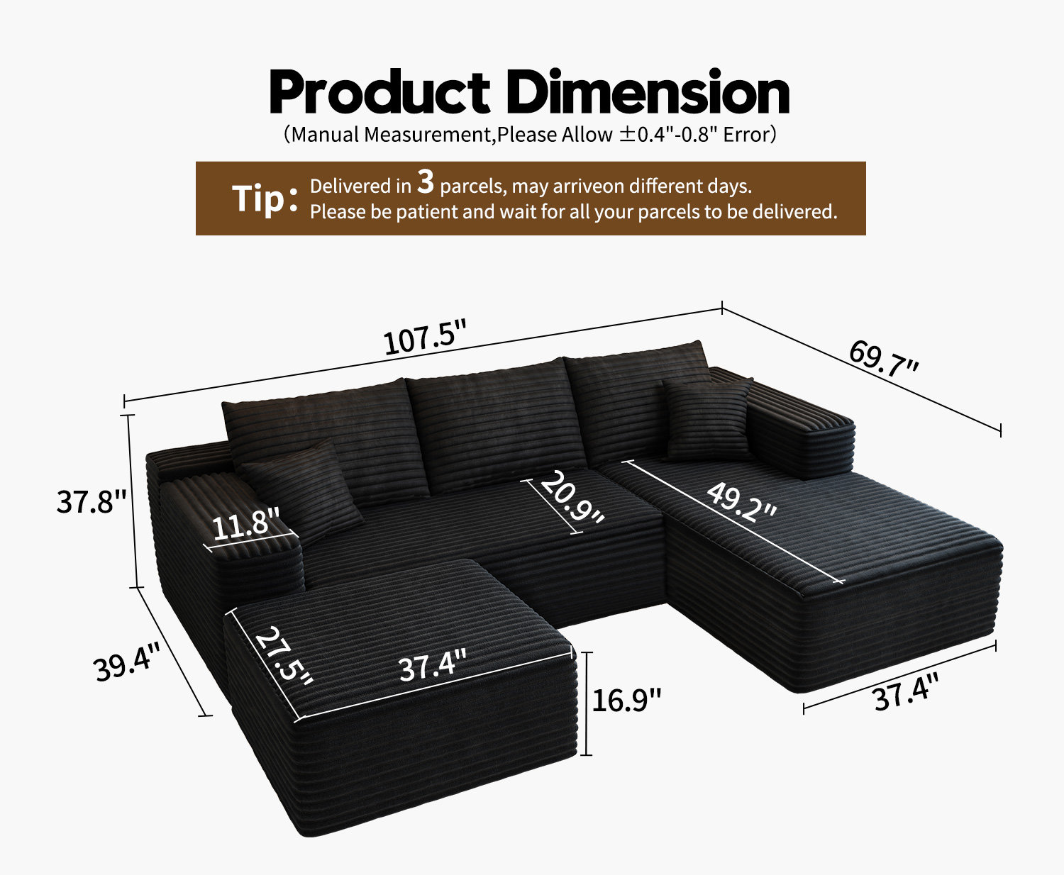 107.5"Cloud Modular Sectional Sofa with 1 Ottoman,Modern Minimalist Upholstered Couches, Comfort U Shaped Sofa for Living Room,Deep Seat Corner Couch,No Assembly Required