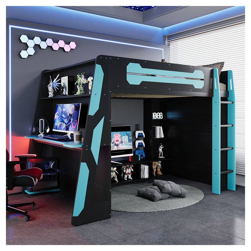 Lit mezzanine double en bois avec bureau, tablettes multiples et lumière RVB, bleu nuage