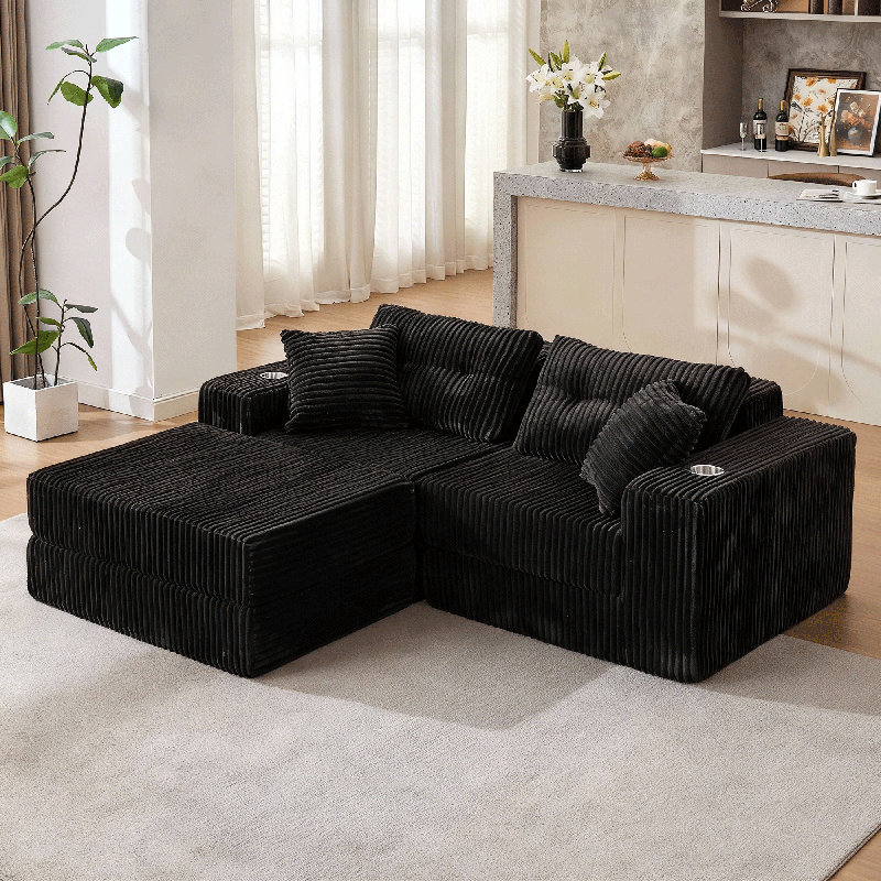 Boneless 80” W Modular Compression Sofa With Ottoman, High Rebound Density Sponge Sofa, Black