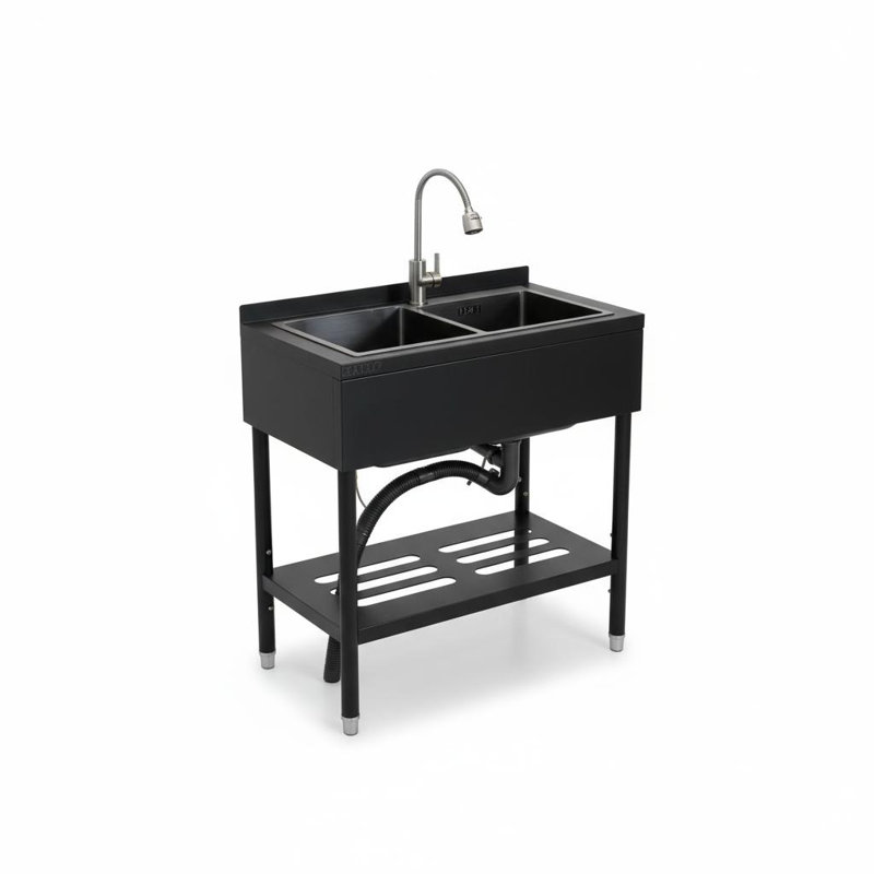 304 Stainless Steel 36.6×22.2×38.9inch Double Bowl Utility Sink with Pull-Out Faucet – Freestanding Commercial Wash Station with Integrated   & Open Shelf – Rust-Resistant for Garage. Kitchen & Laundry