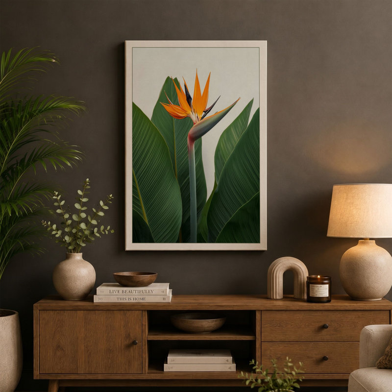 Bird of Paradise Bloom Botanical - Wrapped Canvas, 30x20 - 76.2 x 50.8 cm, Terracotta Border