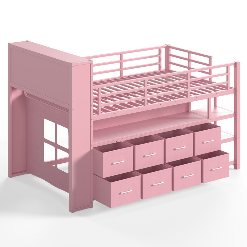 Lit mezzanine Nook Twin Low en métal pour enfants avec tiroirs de rangement et éclairage DEL, Pink