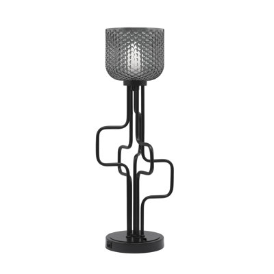 Amarmula Accent Lamp, With USB Ports, Matte Black Finish, 6" Smoke Textured Glass