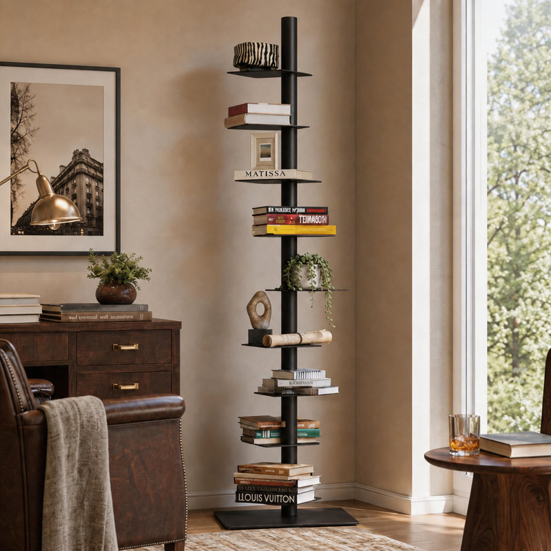 9 Tier Bookshelf, Vertical Corner Shelf With Modern Invisible Spine Ladder, Black