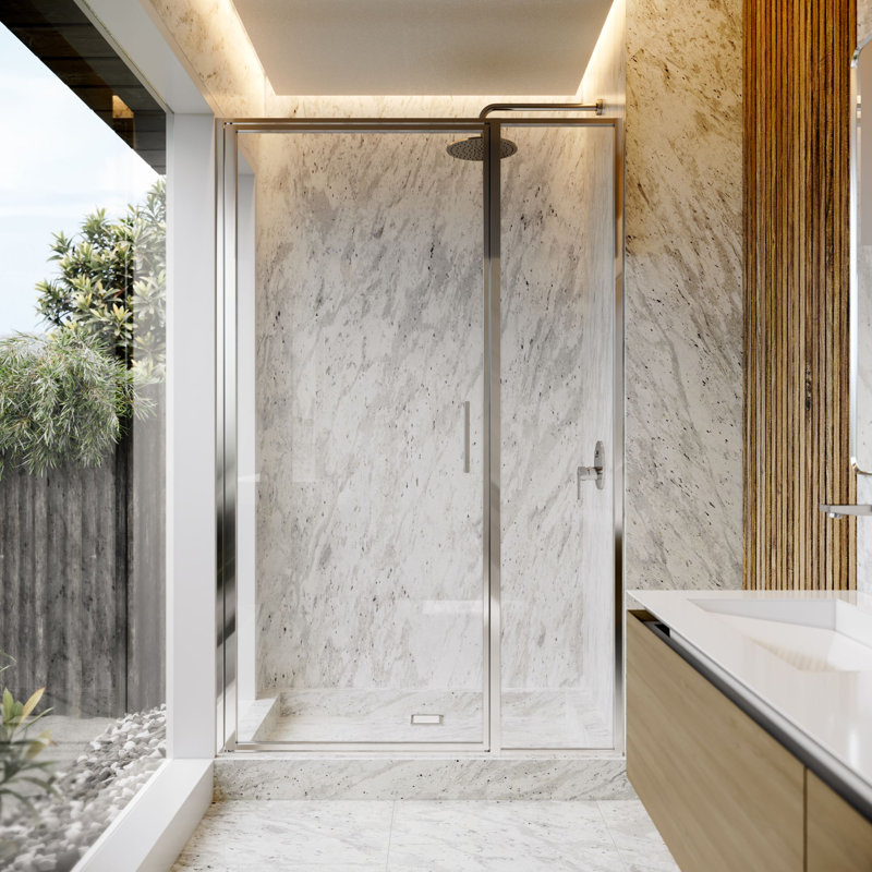 Axio 48 - 48 x 72 po Porte de douche pivotante encadrée 5/16 po Verre trempé transparent, Chrome poli