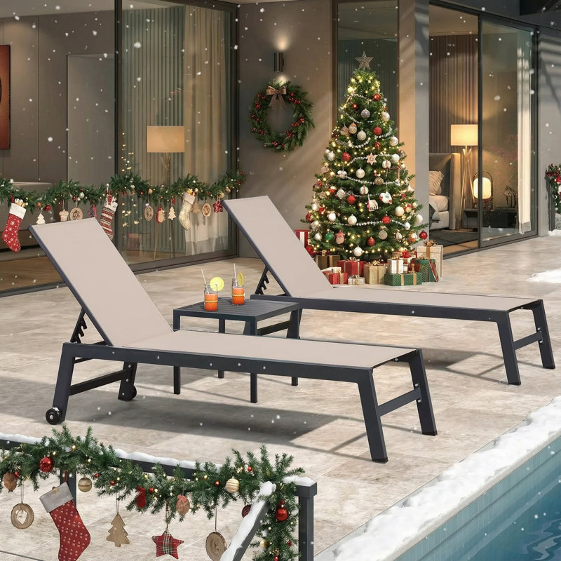 Latitude Run Outdoor Rust-Resistant Metal Chaise Lounge with Table, Beige