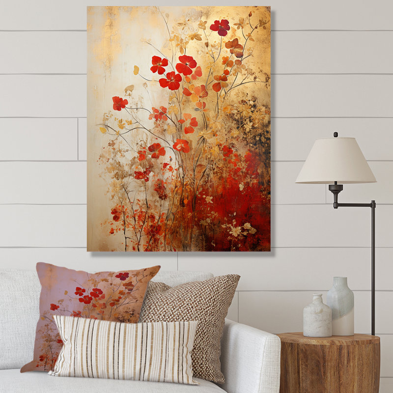 «God and Red Floral Japanese Tiles I», art mural botanique, Toile tendue, H 32 po x l 24 po x P 1 po