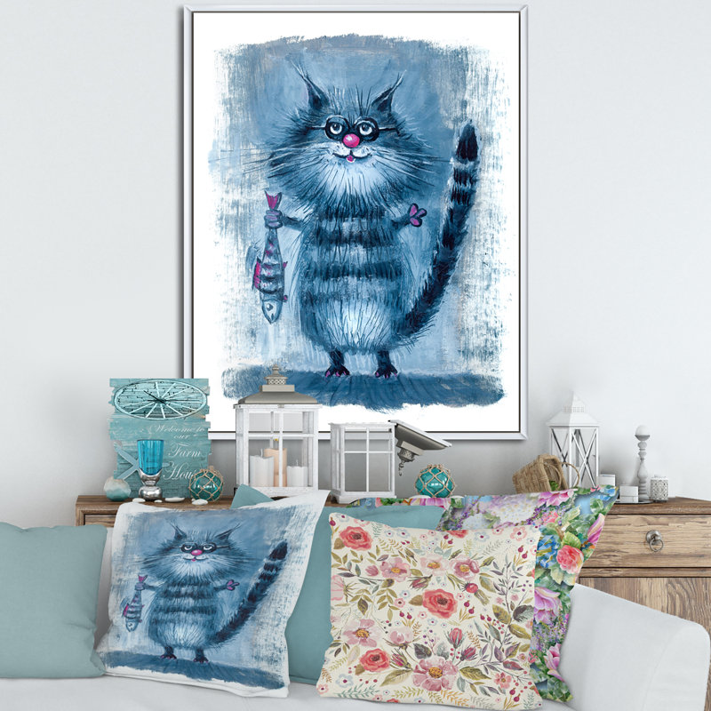 Chat tenant un poisson dans ses griffes - peinture sur toile, Cadre flottant blanc, H 20 po x l 12 po x P 1po