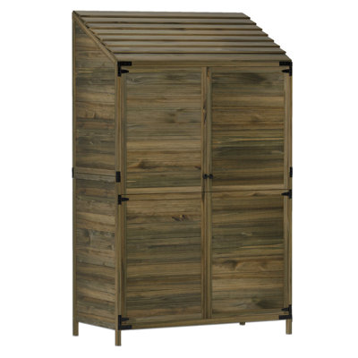 Olive Brown Wooden Garden Shed with 2 Shelves (30kg Load Each) – 103.5cm Wide x 59cm Deep Outdoor Tool Cabinet, Double Doors, Sloped Roof, 174.5cm Tall