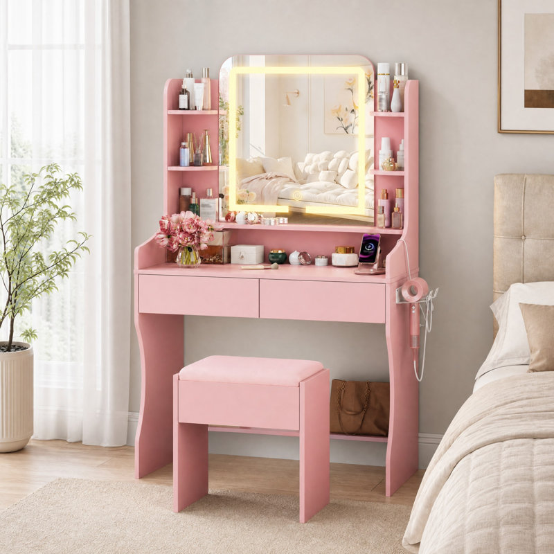  Coiffeuse de maquillage avec miroir lumineux à DEL et prise de courant, bureau de coiffeuse avec tabouret et tablettes de rangement pour la chambre à coucher