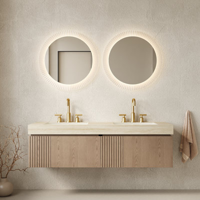 Meuble-lavabo de salle de bain 60 po MURI, armoire de rangement flottante, plateau en pierre frittée Roma Travertine et 2 lavabos en céramique avec 3 trous de robinet pré-percés, pré-assemblé, couleur grain de bois Heidelberg