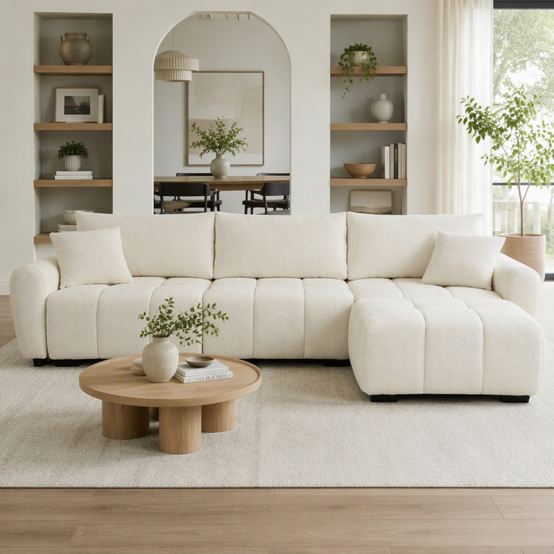 Canapé d'angle modulaire de 110 pouces, forme en L avec assise extra-large, système de traction, pouf amovible, mousse haute densité, combinaisons libres, structure robuste en métal et bois, tissu bouclé, 3 couleurs