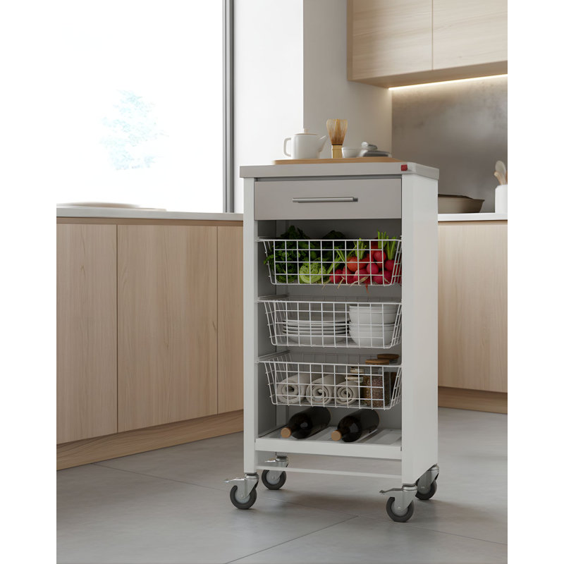 Chariot de cuisine de 18,9 po de largeur avec plateau en acier inoxydable, Blanc
