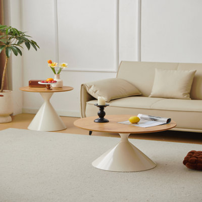 Modern White & Wood Round Coffee Table for Living Room