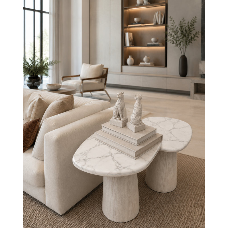 Ensemble de tables de bout gigognes 2 pièces Jade - Chêne blanc cassé et marbre Calacatta